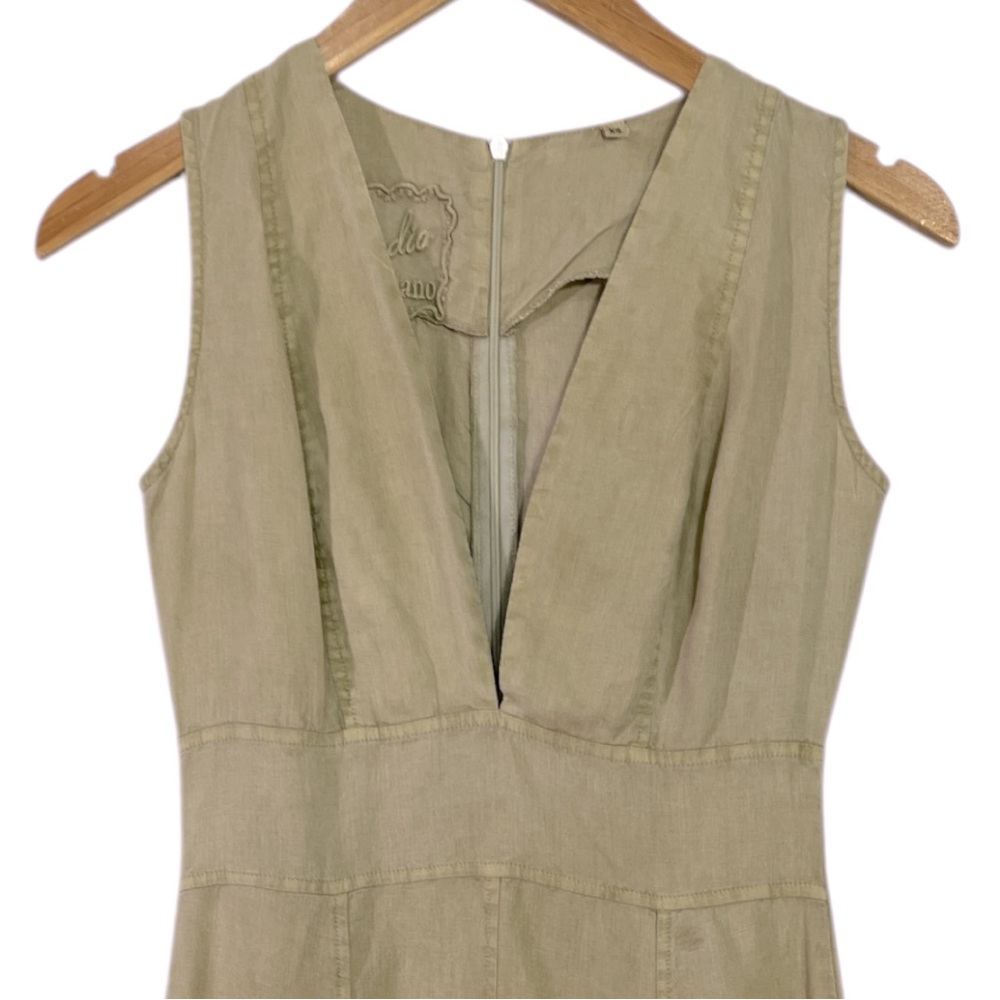 Claudio Milano Cut & Sew Plunge Neck Knee Length Linen Dress in Natural Size XS - Picture 3 of 6